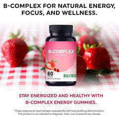 Rilyboon  Vitamin B Complex Gummies with B12, Biotin, B3, B6 & Vitamin C for Kids & Adults | Energy, Support & Recovery Supplement | Promotes Mood, Metabolism & Nerve Function | Strawberry Flavor – 45 Ct