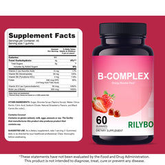 Rilyboon  Vitamin B Complex Gummies with B12, Biotin, B3, B6 & Vitamin C for Kids & Adults | Energy, Support & Recovery Supplement | Promotes Mood, Metabolism & Nerve Function | Strawberry Flavor – 45 Ct