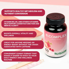 Rilyboon  Vitamin B Complex Gummies with B12, Biotin, B3, B6 & Vitamin C for Kids & Adults | Energy, Support & Recovery Supplement | Promotes Mood, Metabolism & Nerve Function | Strawberry Flavor – 45 Ct