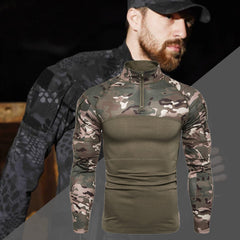 Men's Outdoor T-Shirt Fitness Camouflage Long Sleeve Zip Stretch Stand Collar Long Sleeve