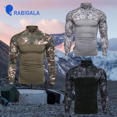 Men's Outdoor T-Shirt Fitness Camouflage Long Sleeve Zip Stretch Stand Collar Long Sleeve