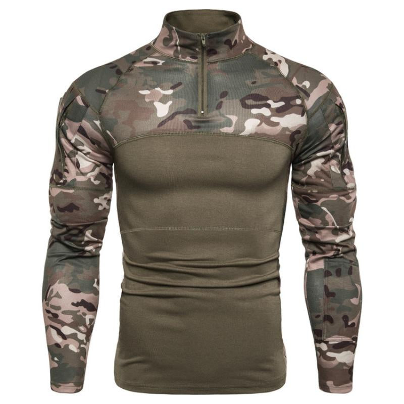 Men's Outdoor T-Shirt Fitness Camouflage Long Sleeve Zip Stretch Stand Collar Long Sleeve