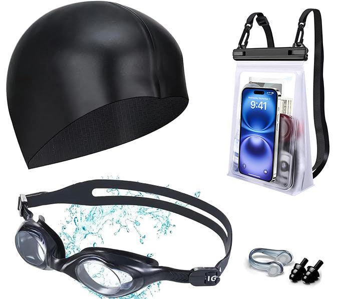 Unisex 5-in-1 Swimming Set for Adults – Goggles, Swim Cap, Waterproof Bag, Earplugs & Nose Clip